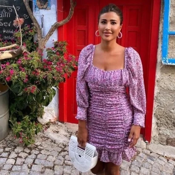 Purple floral ruched long sleeve zara dress